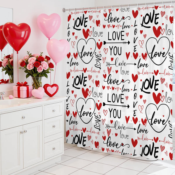 Romantic Valentines Shower Curtain I Love You Words Red Hearts Bath Curtain Romance Couple Valentine, 70.8"