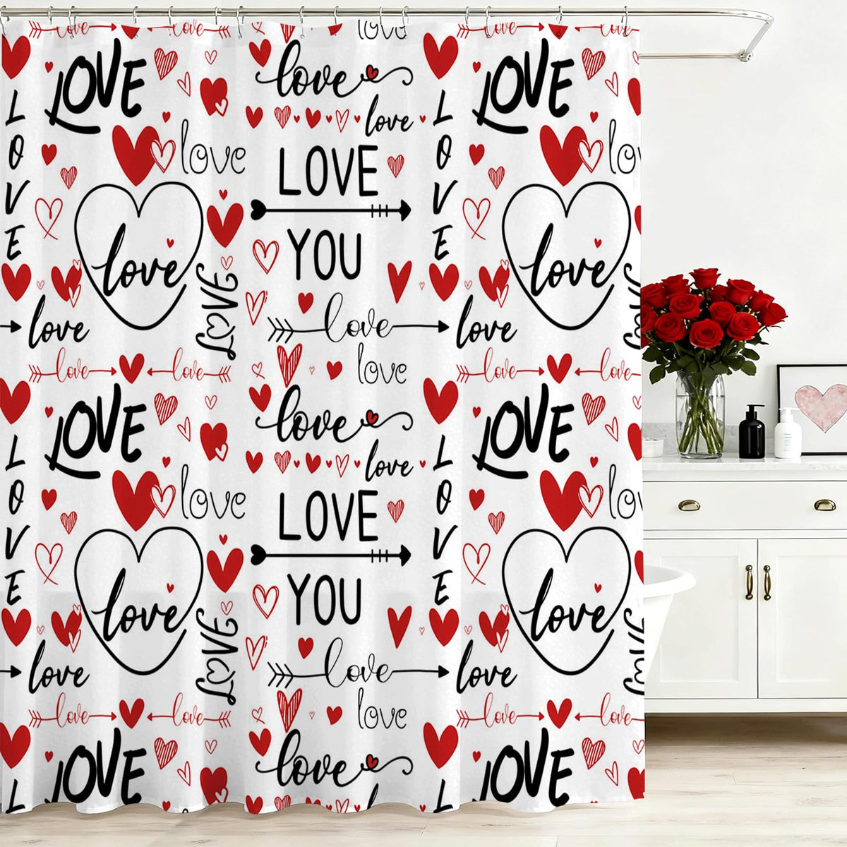 Romantic Valentines Shower Curtain I Love You Words Red Hearts Bath Curtain Romance Couple Valentine, 70.8"