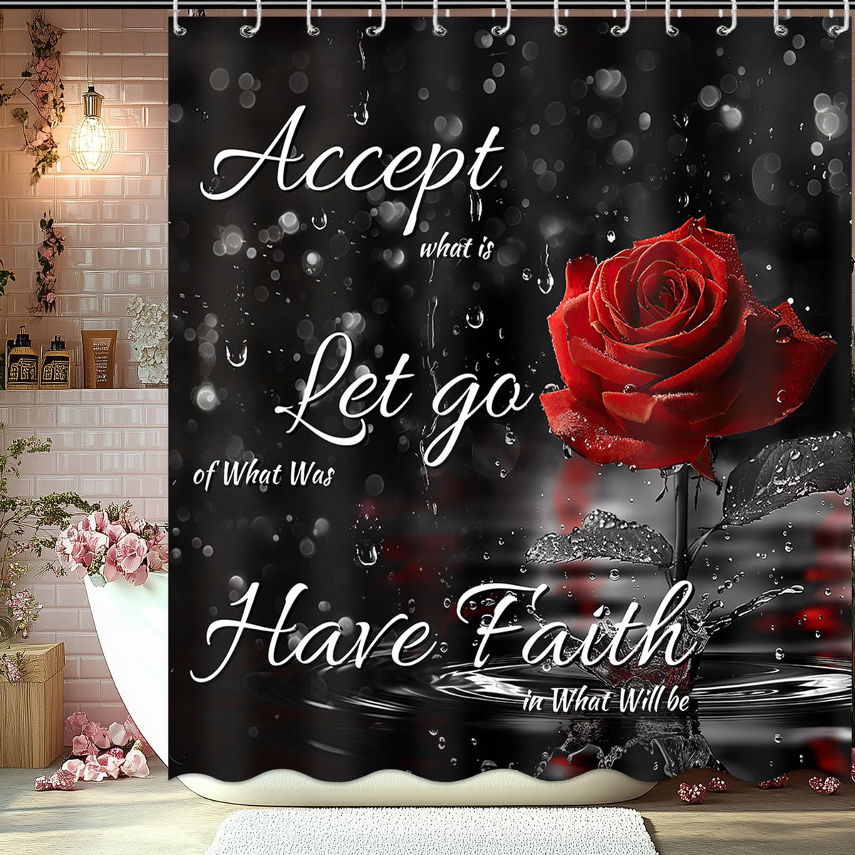 Rose Shower Curtain for Valentines Day, Black and Red Romantic Floral Valentines Day Shower Curtain for Girls