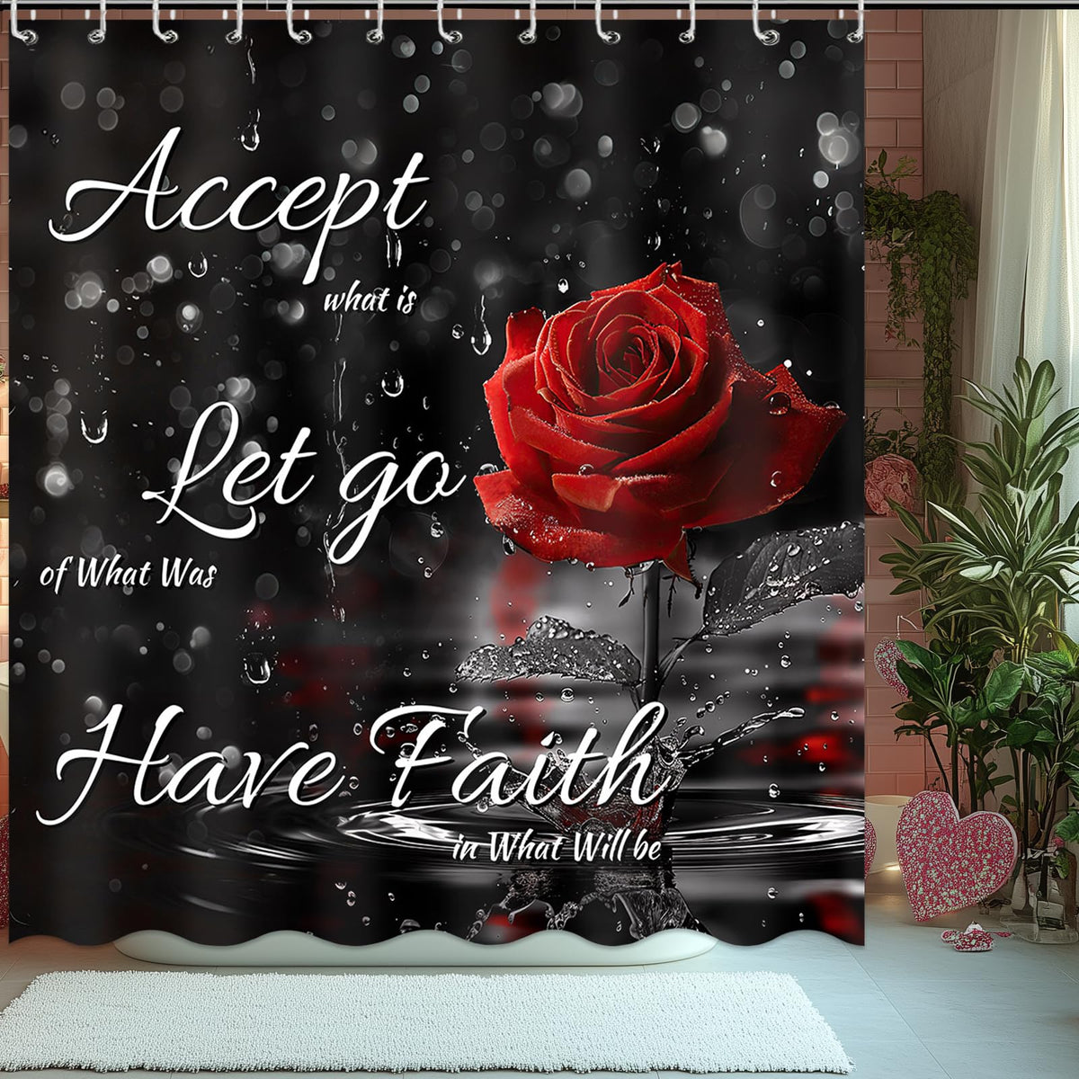Rose Shower Curtain for Valentines Day, Black and Red Romantic Floral Valentines Day Shower Curtain for Girls