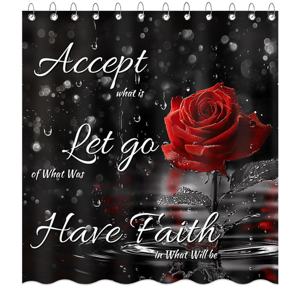 Rose Shower Curtain for Valentines Day, Black and Red Romantic Floral Valentines Day Shower Curtain for Girls