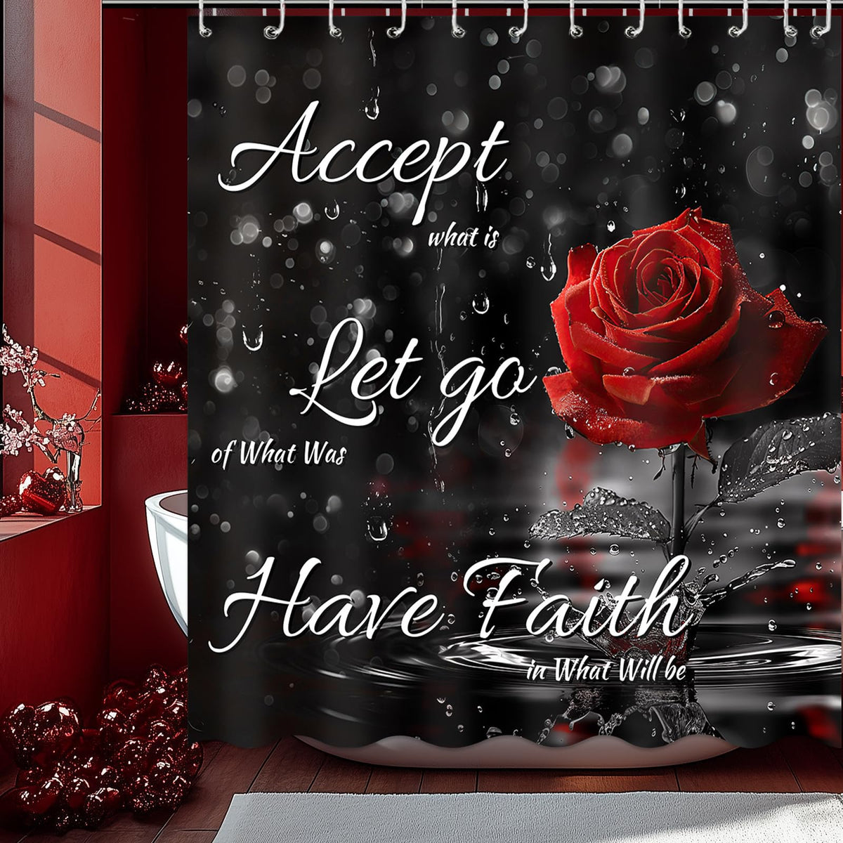 Rose Shower Curtain for Valentines Day, Black and Red Romantic Floral Valentines Day Shower Curtain for Girls
