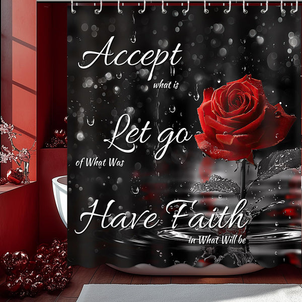 Rose Shower Curtain for Valentines Day, Black and Red Romantic Floral Valentines Day Shower Curtain for Girls