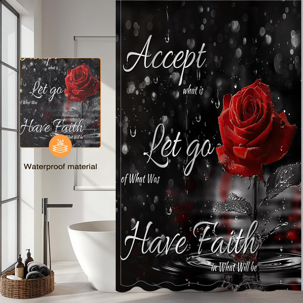 Rose Shower Curtain for Valentines Day, Black and Red Romantic Floral Valentines Day Shower Curtain for Girls