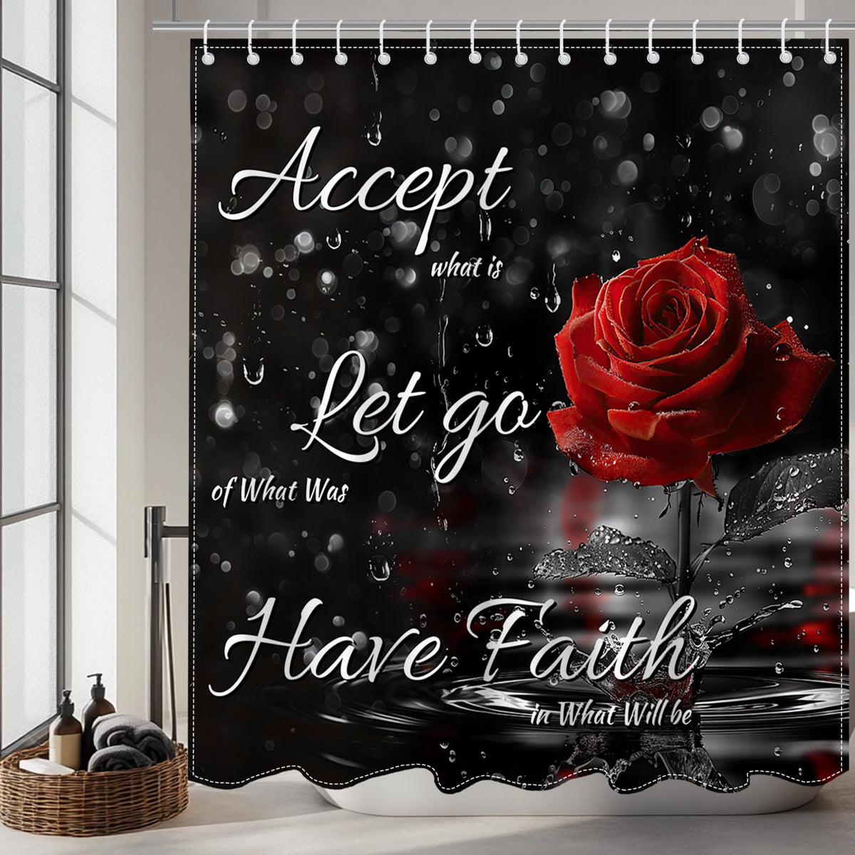 Rose Shower Curtain for Valentines Day, Black and Red Romantic Floral Valentines Day Shower Curtain for Girls