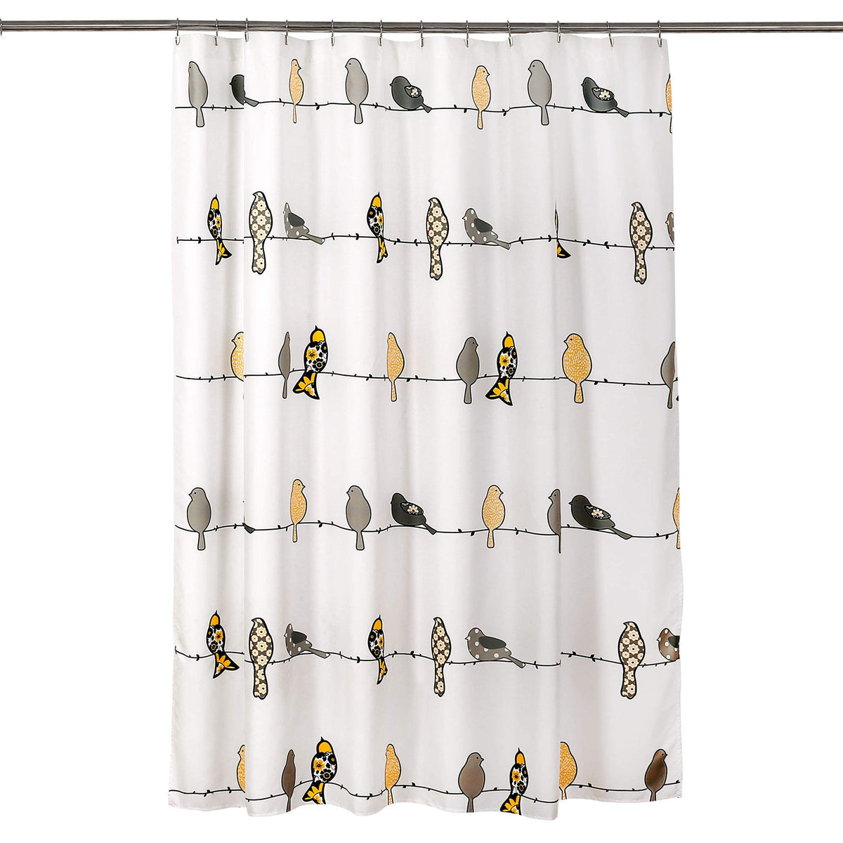 Rowley Birds Shower Curtain, 70.8" Yellow & Gray Colorful Floral Bird Pattern Whimsical & Playful Bird