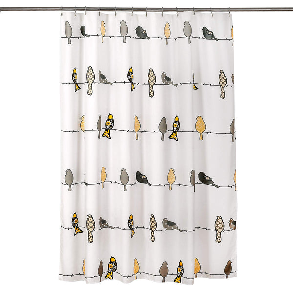 Rowley Birds Shower Curtain, 70.8" Yellow & Gray Colorful Floral Bird Pattern Whimsical & Playful Bird