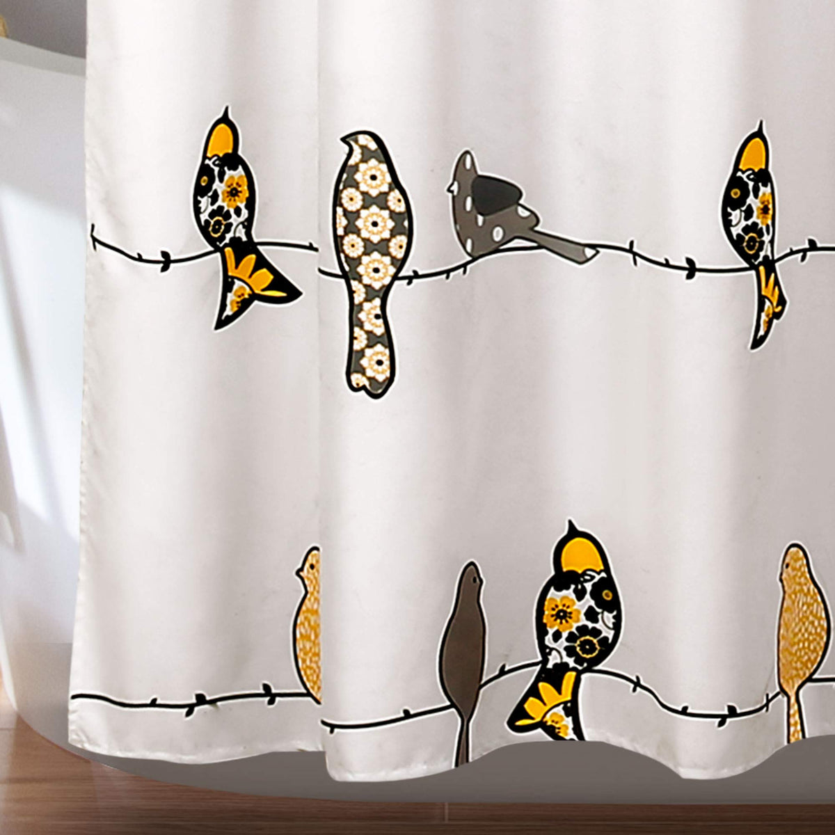 Rowley Birds Shower Curtain, 70.8" Yellow & Gray Colorful Floral Bird Pattern Whimsical & Playful Bird