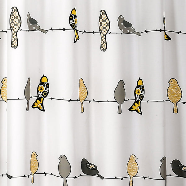Rowley Birds Shower Curtain, 70.8" Yellow & Gray Colorful Floral Bird Pattern Whimsical & Playful Bird