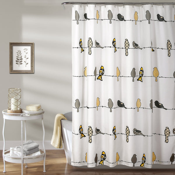 Rowley Birds Shower Curtain, 70.8" Yellow & Gray Colorful Floral Bird Pattern Whimsical & Playful Bird