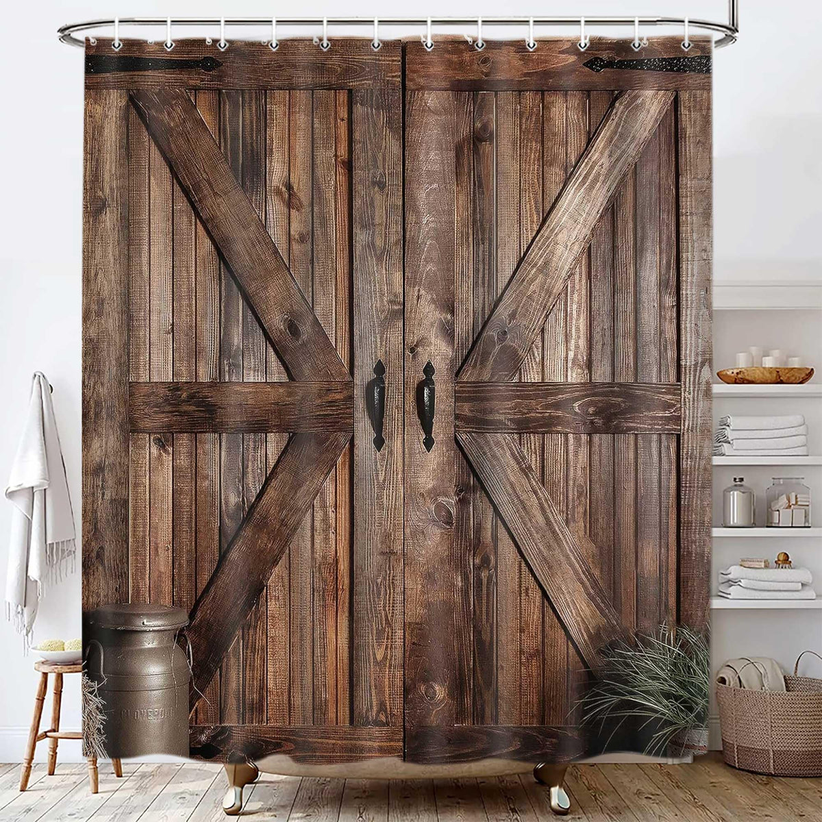 70.8"Rustic Barn Door Shower Curtain, Farmhouse Western Vintage Countryside Brown Wood Board Bath Curtains