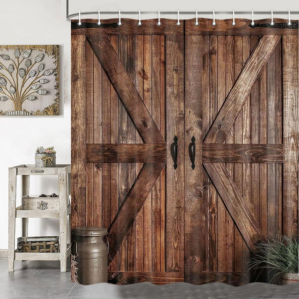 70.8"Rustic Barn Door Shower Curtain, Farmhouse Western Vintage Countryside Brown Wood Board Bath Curtains