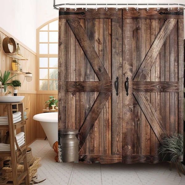 70.8"Rustic Barn Door Shower Curtain, Farmhouse Western Vintage Countryside Brown Wood Board Bath Curtains