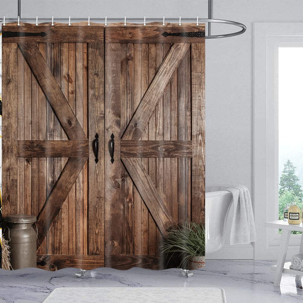 70.8"Rustic Barn Door Shower Curtain, Farmhouse Western Vintage Countryside Brown Wood Board Bath Curtains