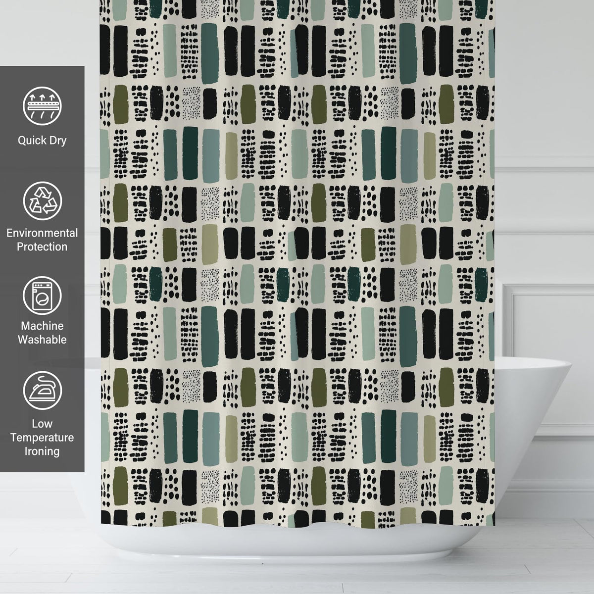 Sage Green Shower Curtain,Bohemian Green Checkered Waterproof Polyester,70.8×70.8 Inch