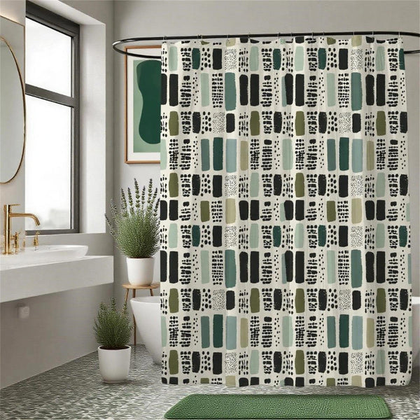 Sage Green Shower Curtain,Bohemian Green Checkered Waterproof Polyester,70.8×70.8 Inch