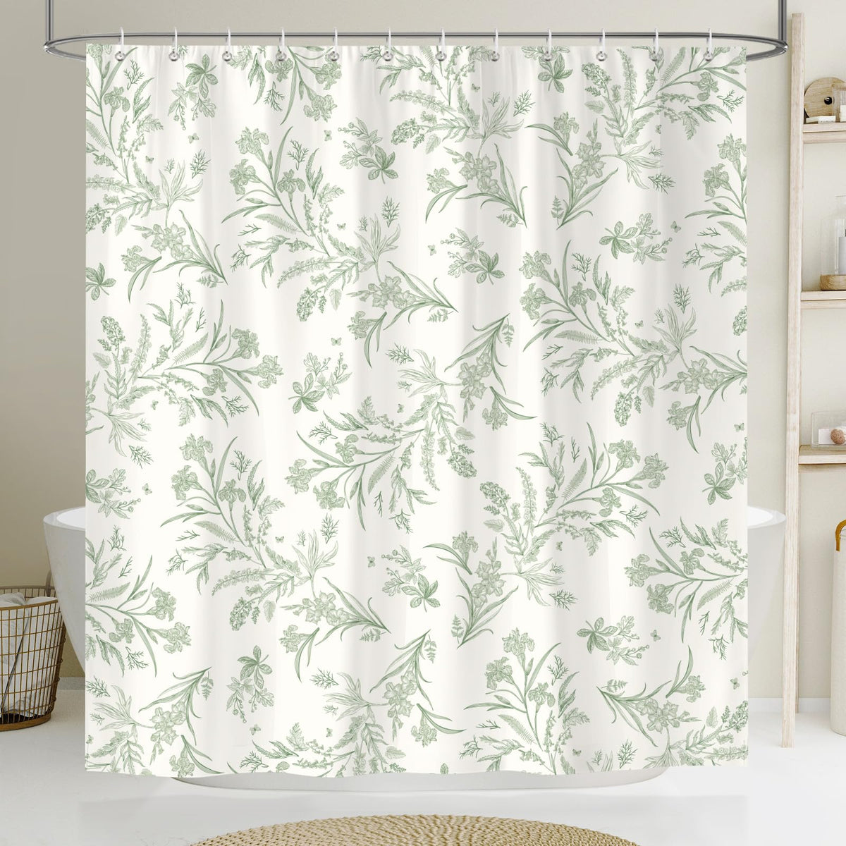 Sage Green Shower Curtains Botanical Floral Plant Leaves Shower Curtain Set, 70.8 Inch