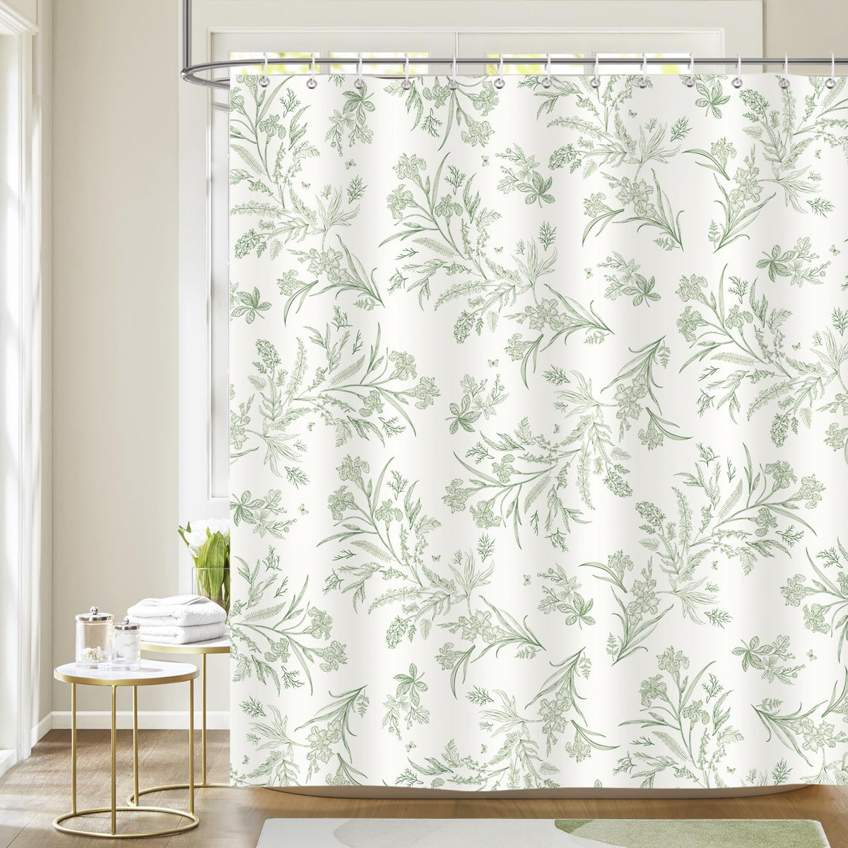 Sage Green Shower Curtains Botanical Floral Plant Leaves Shower Curtain Set, 70.8 Inch