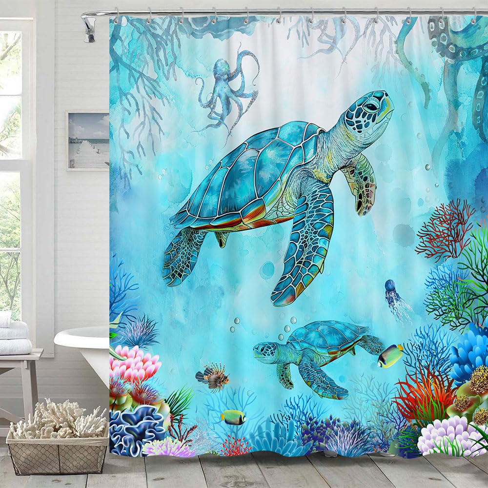 Sea Turtle Shower Curtain 70.8" - Blue Ocean Underwater Marine Life With Octopus, Fish, Coral - Coastal Nautical