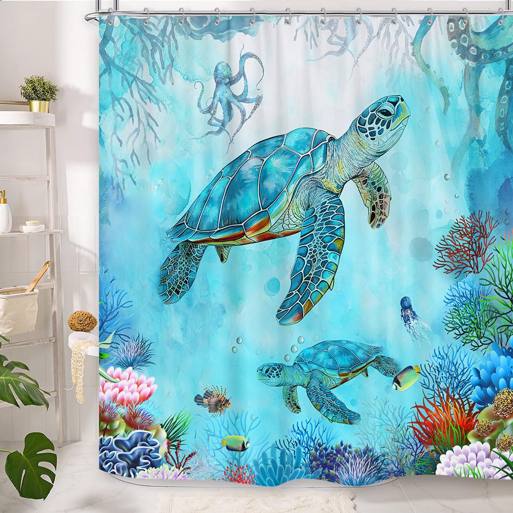 Sea Turtle Shower Curtain 70.8" - Blue Ocean Underwater Marine Life With Octopus, Fish, Coral - Coastal Nautical