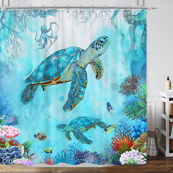 Sea Turtle Shower Curtain 70.8" - Blue Ocean Underwater Marine Life With Octopus, Fish, Coral - Coastal Nautical