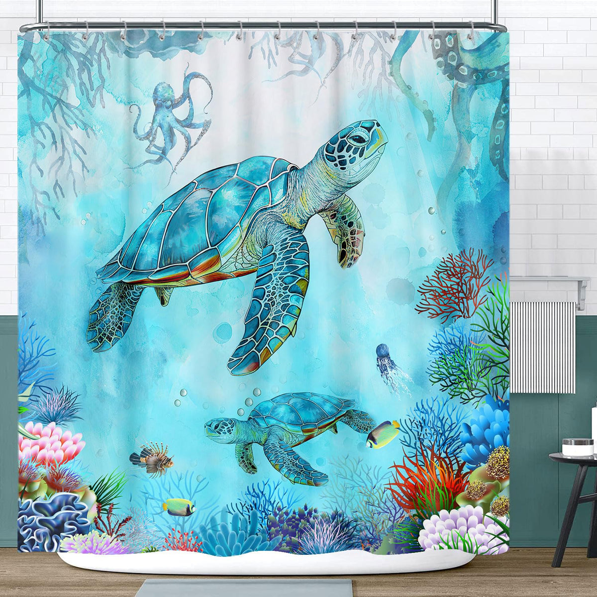 Sea Turtle Shower Curtain 70.8" - Blue Ocean Underwater Marine Life With Octopus, Fish, Coral - Coastal Nautical