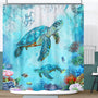 Sea Turtle Shower Curtain 70.8" - Blue Ocean Underwater Marine Life With Octopus, Fish, Coral - Coastal Nautical