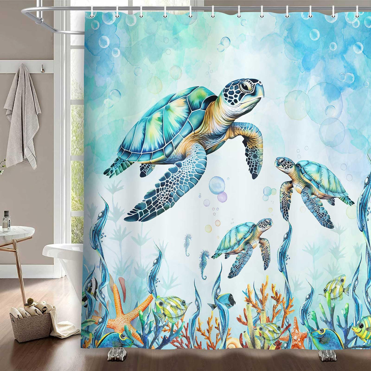 Sea Turtle Shower Curtain Coastal Beach Decoration Nautical Shower Curtains, 70.8"x70.8"