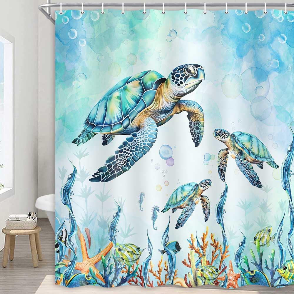 Sea Turtle Shower Curtain Coastal Beach Decoration Nautical Shower Curtains, 70.8"x70.8"