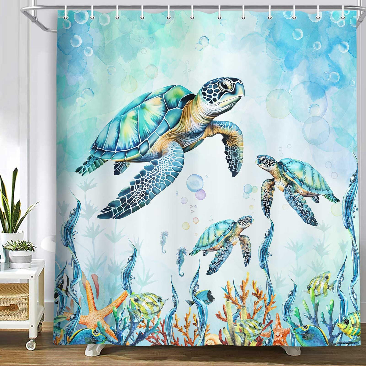 Sea Turtle Shower Curtain Coastal Beach Decoration Nautical Shower Curtains, 70.8"x70.8"