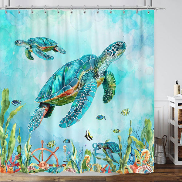 Sea Turtle Shower Curtain,Teal Ocean Underwater Animal Beach Plant Anchor Coastal Shower Curtain 70.8"