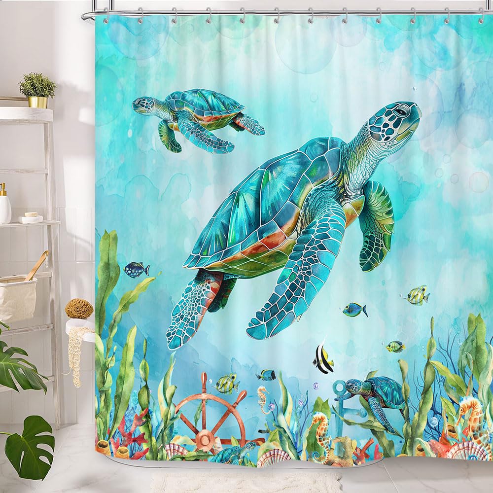 Sea Turtle Shower Curtain,Teal Ocean Underwater Animal Beach Plant Anchor Coastal Shower Curtain 70.8"
