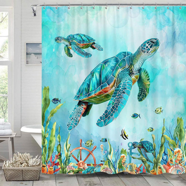 Sea Turtle Shower Curtain,Teal Ocean Underwater Animal Beach Plant Anchor Coastal Shower Curtain 70.8"