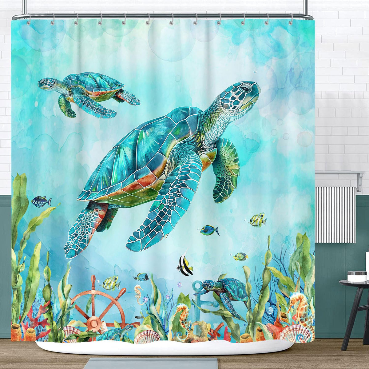 Sea Turtle Shower Curtain,Teal Ocean Underwater Animal Beach Plant Anchor Coastal Shower Curtain 70.8"