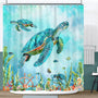 Sea Turtle Shower Curtain,Teal Ocean Underwater Animal Beach Plant Anchor Coastal Shower Curtain 70.8"