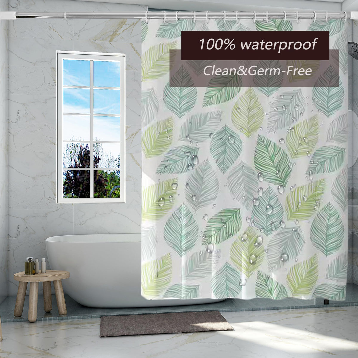 Green Shower Curtain, Banana Leaves Waterproof Polyester Shower Curtains, 70.8 Inch with C Type Hooks