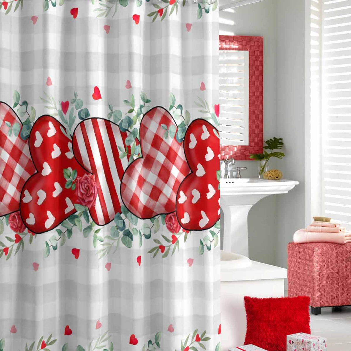 70.8"Shower Curtain Love Heart Rose Bathroom Curtains, Eucalyptus Leaves Plaid Shower Curtains