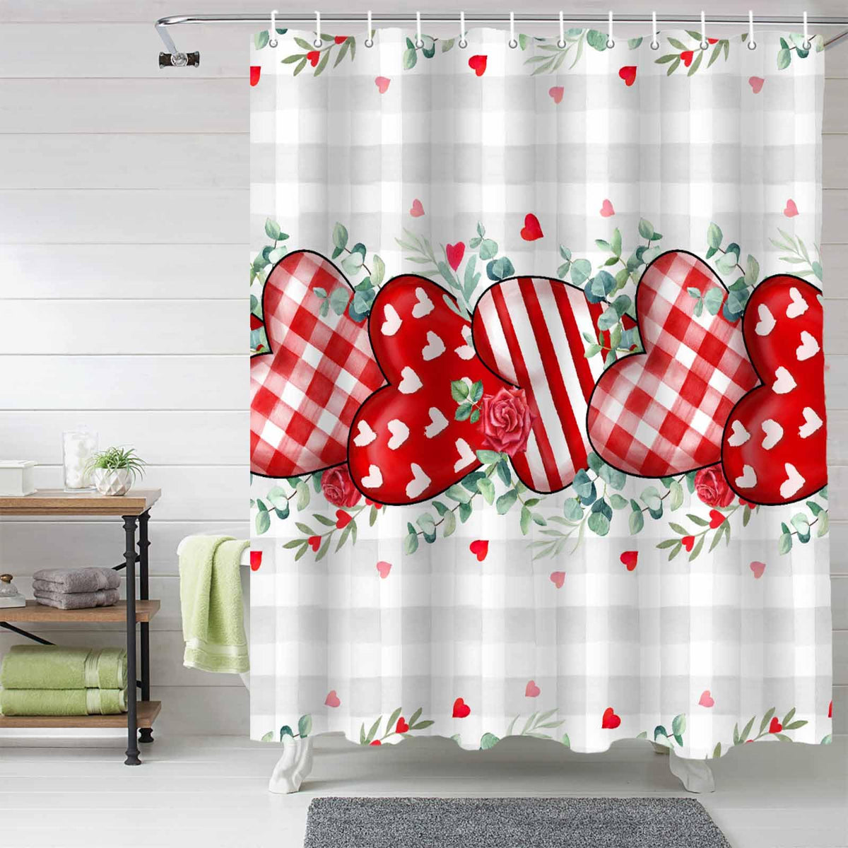 70.8"Shower Curtain Love Heart Rose Bathroom Curtains, Eucalyptus Leaves Plaid Shower Curtains