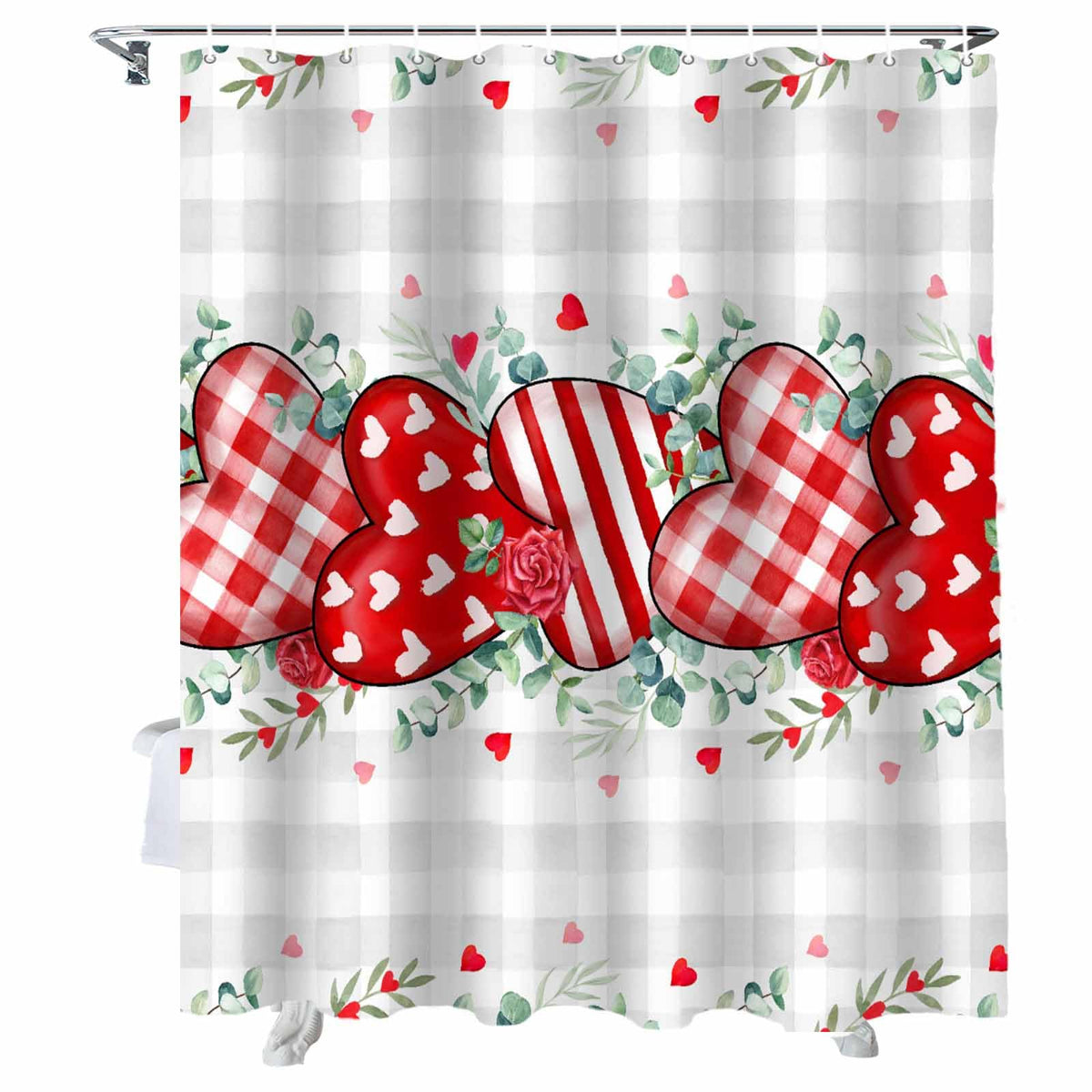 70.8"Shower Curtain Love Heart Rose Bathroom Curtains, Eucalyptus Leaves Plaid Shower Curtains
