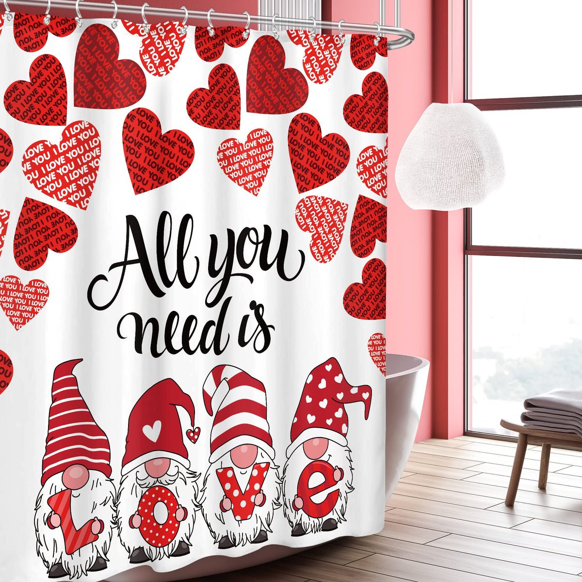 Shower Curtain Romantic Pink Red Hearts 70.8"x70.8" Cute Gnome Couple All You Need is Love White Background