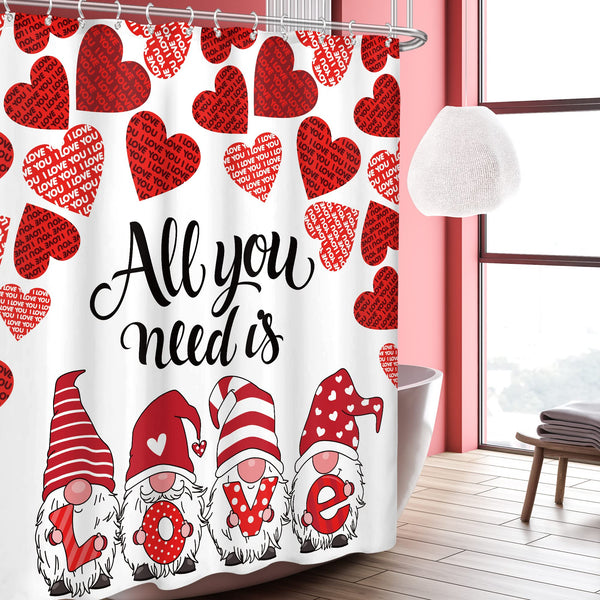 Shower Curtain Romantic Pink Red Hearts 70.8"x70.8" Cute Gnome Couple All You Need is Love White Background
