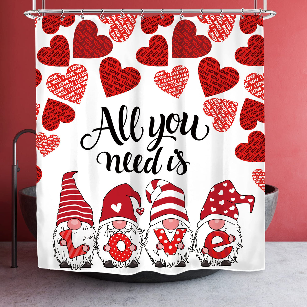 Shower Curtain Romantic Pink Red Hearts 70.8"x70.8" Cute Gnome Couple All You Need is Love White Background