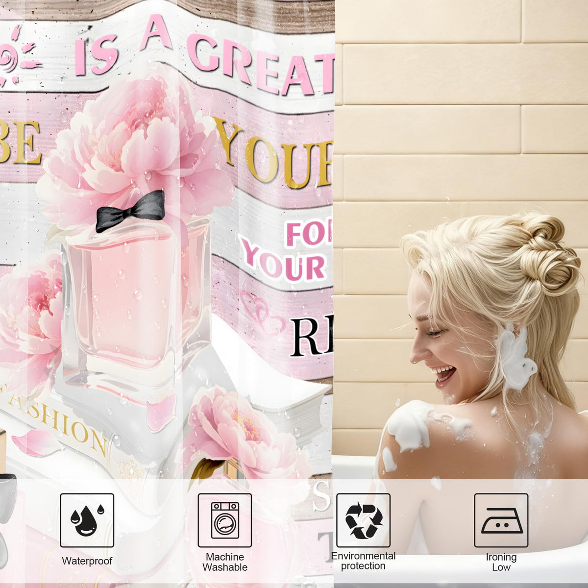 70.8" Shower Curtain Set Pink Fashion Floral Bathroom Decor Inspirational Quotes Waterproof Shower Curtains