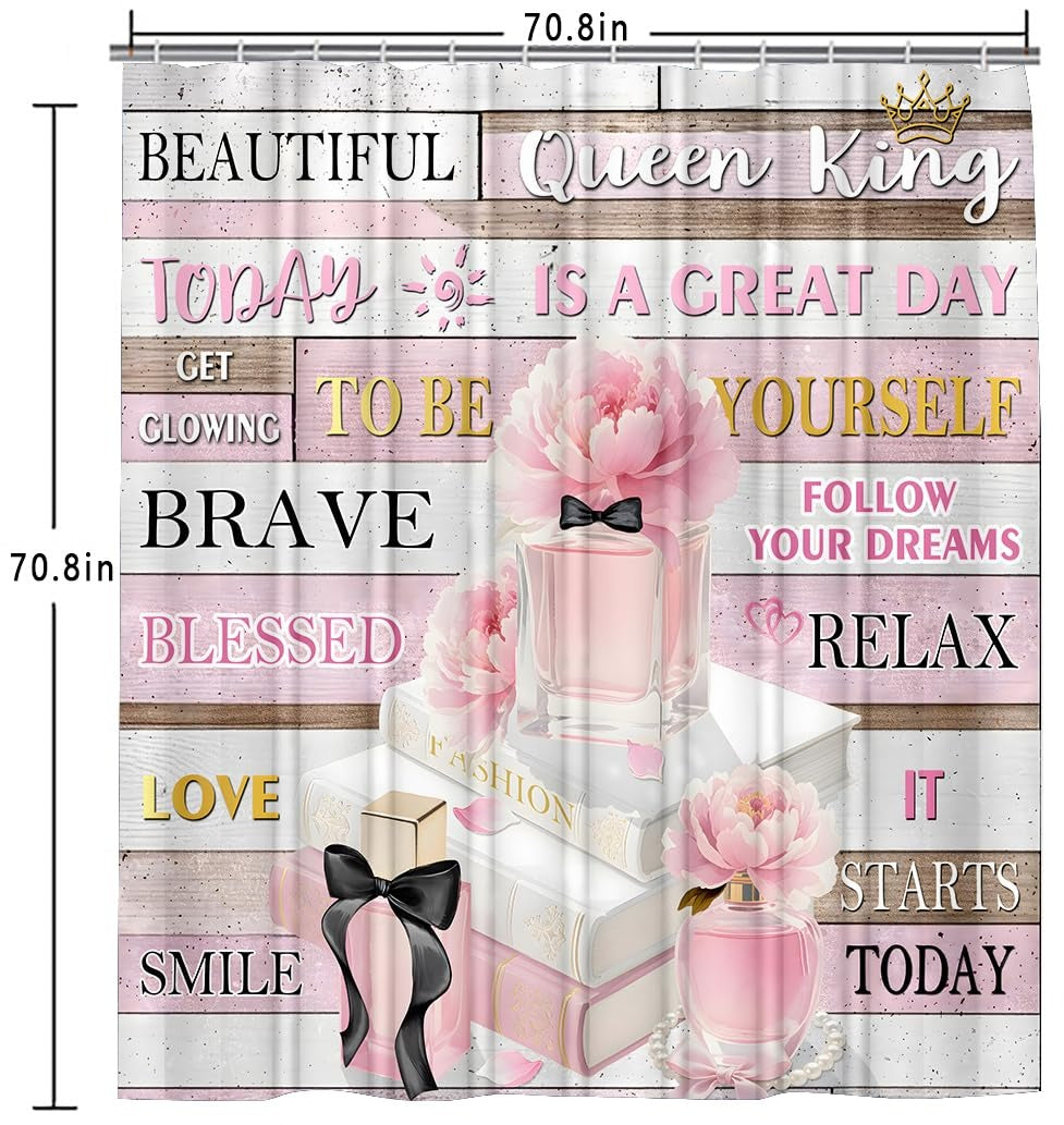 70.8" Shower Curtain Set Pink Fashion Floral Bathroom Decor Inspirational Quotes Waterproof Shower Curtains