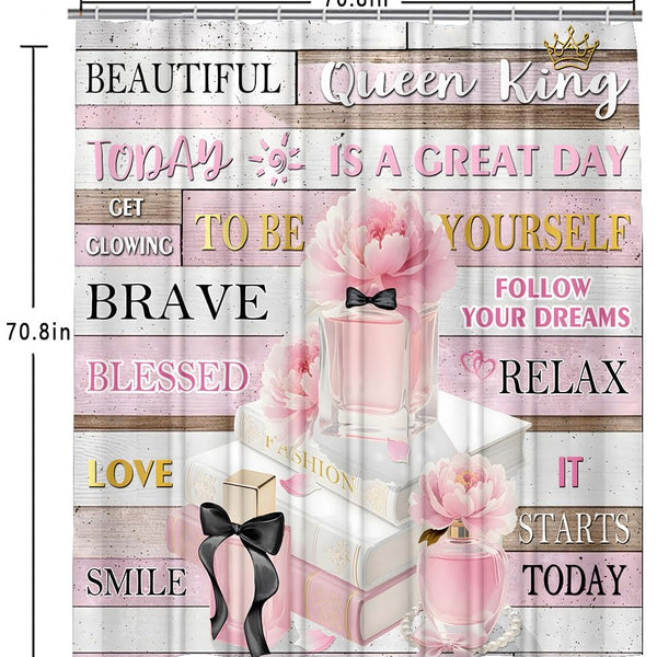 70.8" Shower Curtain Set Pink Fashion Floral Bathroom Decor Inspirational Quotes Waterproof Shower Curtains