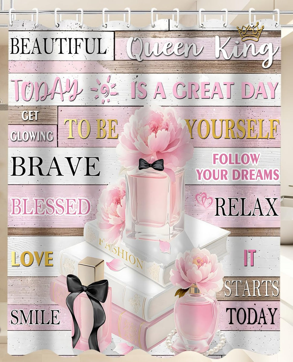 70.8" Shower Curtain Set Pink Fashion Floral Bathroom Decor Inspirational Quotes Waterproof Shower Curtains