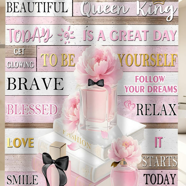 70.8" Shower Curtain Set Pink Fashion Floral Bathroom Decor Inspirational Quotes Waterproof Shower Curtains