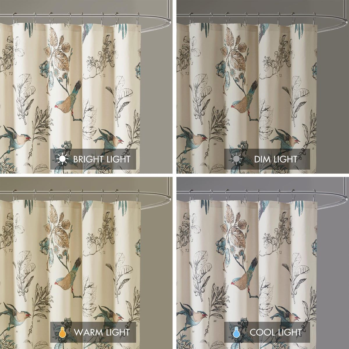 Khaki Shower Curtain, Bird &amp; Leaf Print, Modern Country Farmhouse Shower Curtain 70.8 Inch