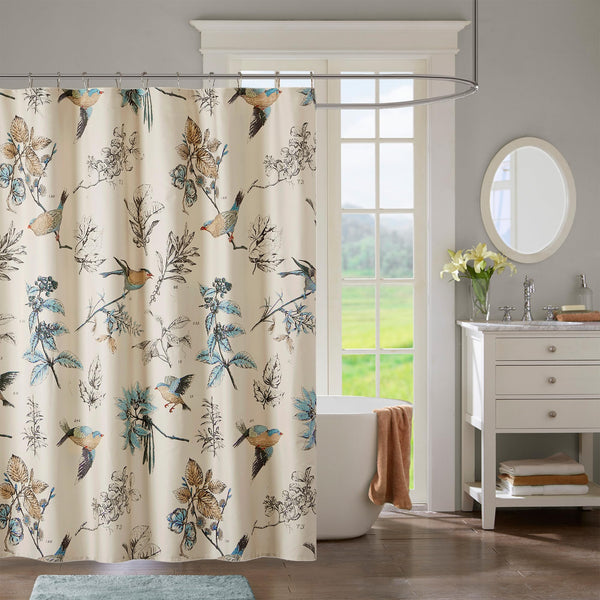 Khaki Shower Curtain, Bird &amp; Leaf Print, Modern Country Farmhouse Shower Curtain 70.8 Inch