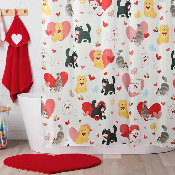 70.8"Valentines Shower Curtain, Valentines Day Decor Cute Cats Hearts Shower Curtain with Hooks